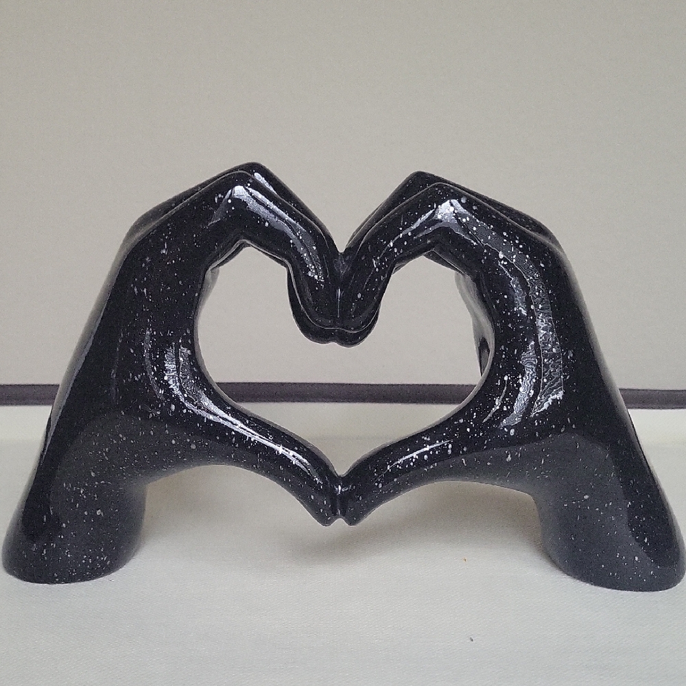 Black Marbled Resin Heart Hands Sculpture - Picture 3 of 5